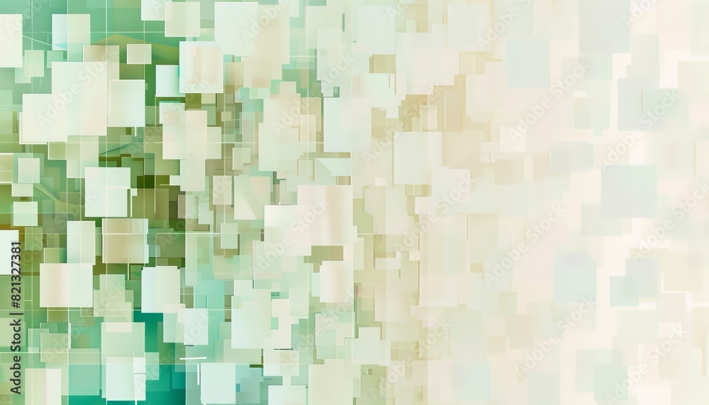 Fototapeta premium Minimalist quantum algorithmic patterns in mint green, taupe, beige, pure white, and olive green tones. Negative space adds depth.