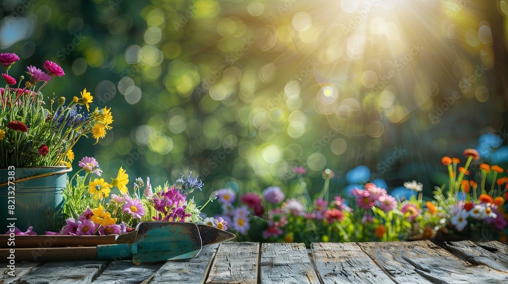 Fototapeta premium A wooden table is covered with a variety of colorful flowers and garden tools, set against a blurred natural background. Generative AI