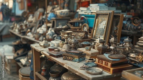 A wooden stand at a bustling flea market showcases an eclectic collection of vintage objects.
