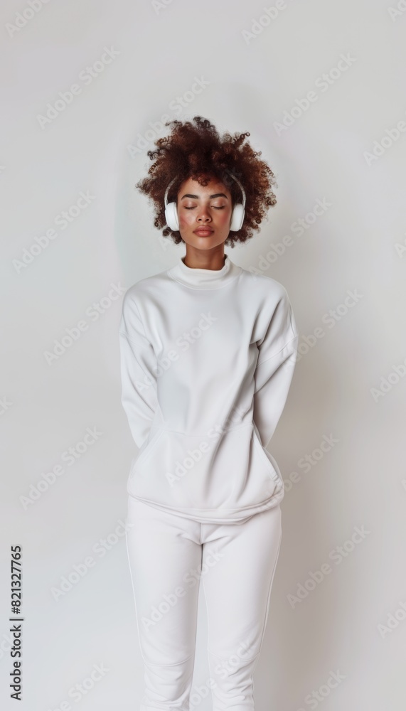 Obraz premium Slender young African American woman listens to music. Music for relaxation and training. Personal time, peace.