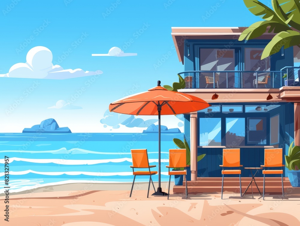 Obraz premium A picturesque beach house with an ocean view, orange chairs, and an umbrella in the tropical setting, perfect for vacation and relaxation.
