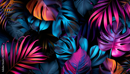 Tropical leaves in neon colors on black background