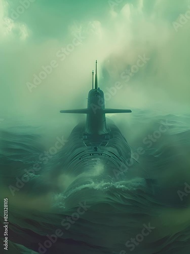 Nuclear submarine in a fog-filled sea in stormy weather footage photo