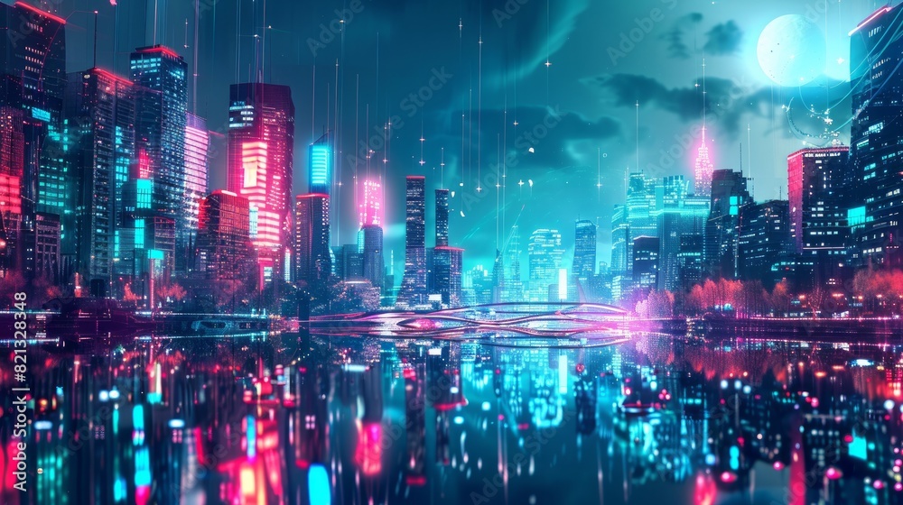 Design a futuristic cityscape wallpaper using neon colors and abstract shapes. --ar 16:9 Job ID: 5be24e6c-1d86-4cde-ab32-513fcb08dcd5