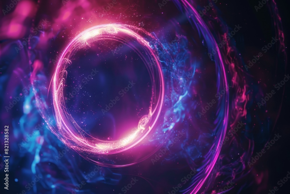 A vibrant, abstract digital ing featuring a glowing pink energy circle against a dark, swirling background, evoking cosmic and futuristic themes.