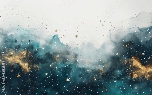 Chic invitation card with constellation theme, navy and green star patterns, elegant typography in goldenrod, perfect for events, on white background.