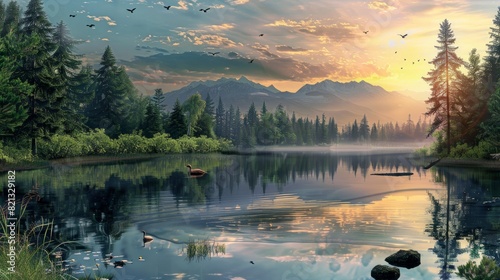 Design a serene lake scene with reflections and wildlife
