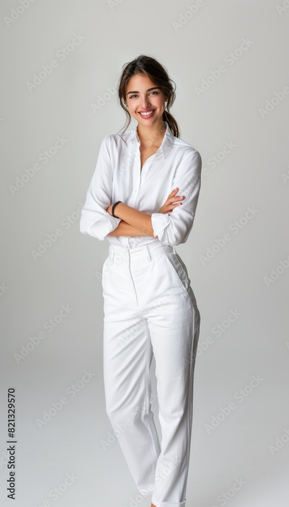 Stylish young brunette woman smiling on a white background. Beauty and fashion. Style. Stylish young brunette woman smiling on a white background. Beauty and fashion. Style.