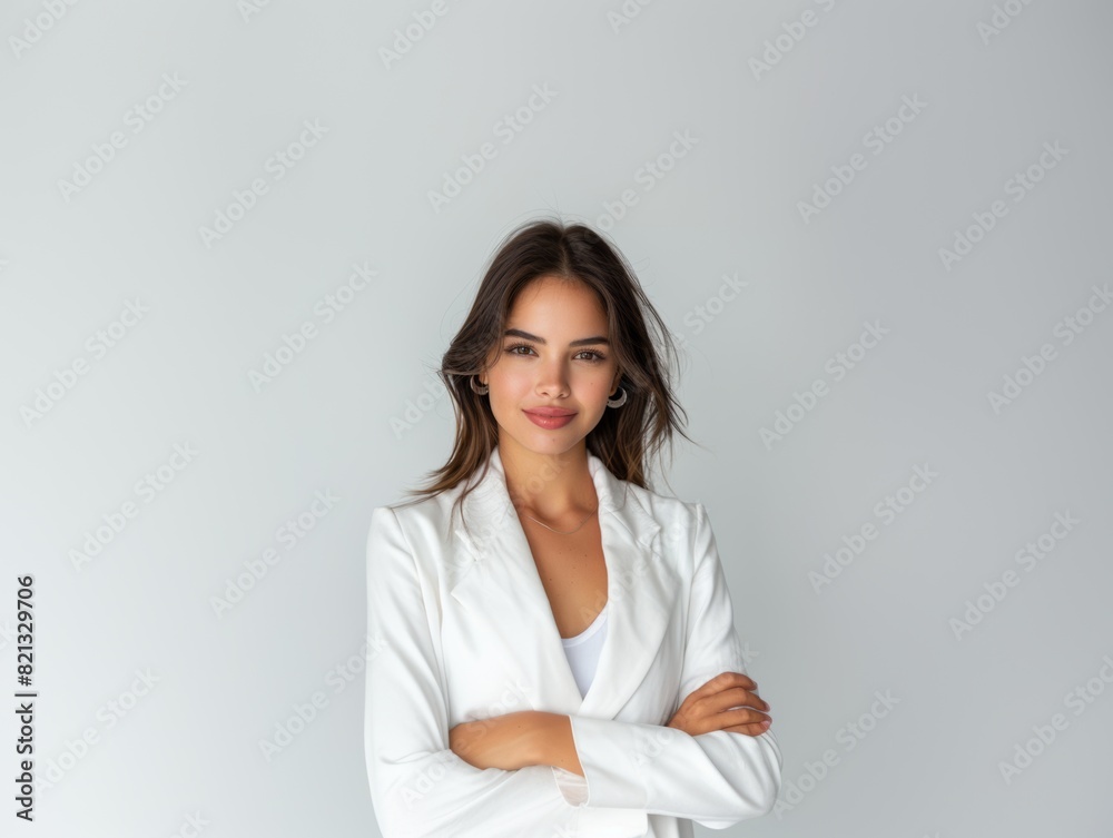 Stylish young brunette woman smiling on a white background. Beauty and fashion. Style. Stylish young brunette woman smiling on a white background. Beauty and fashion. Style.