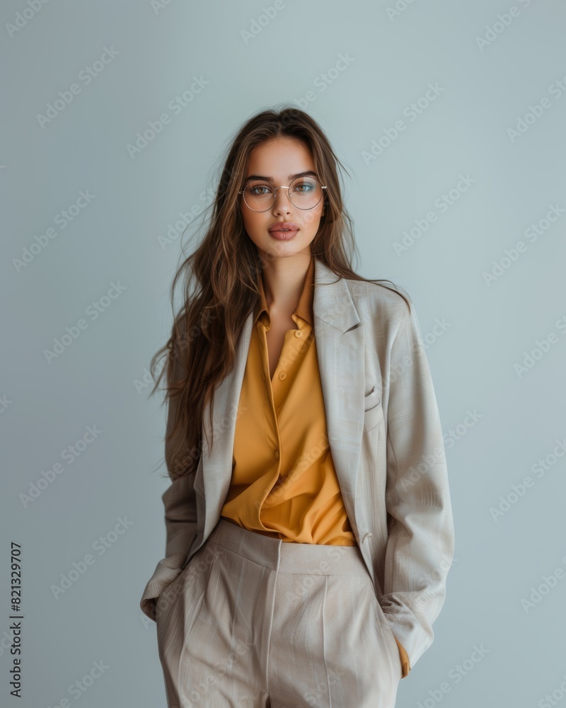 Stylish young brunette woman smiling on a white background. Beauty and fashion. Style. Stylish young brunette woman smiling on a white background. Beauty and fashion. Style.