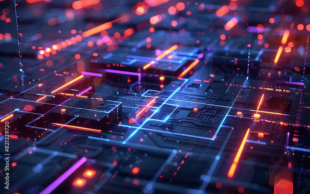 Abstract digital glowing circuit board with neon lights and futuristic technology concept background. Abstract digital glowing circuit board with neon lights and futuristic technology concept background.