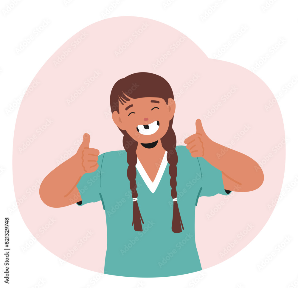 Cheerful Young Girl Wearing A Teal Shirt, Showing Off Her Missing Milk Tooth With A Broad Smile And Giving Two Thumbs Up Cheerful Young Girl Wearing A Teal Shirt, Showing Off Her Missing Milk Tooth With A Broad Smile And Giving Two Thumbs Up