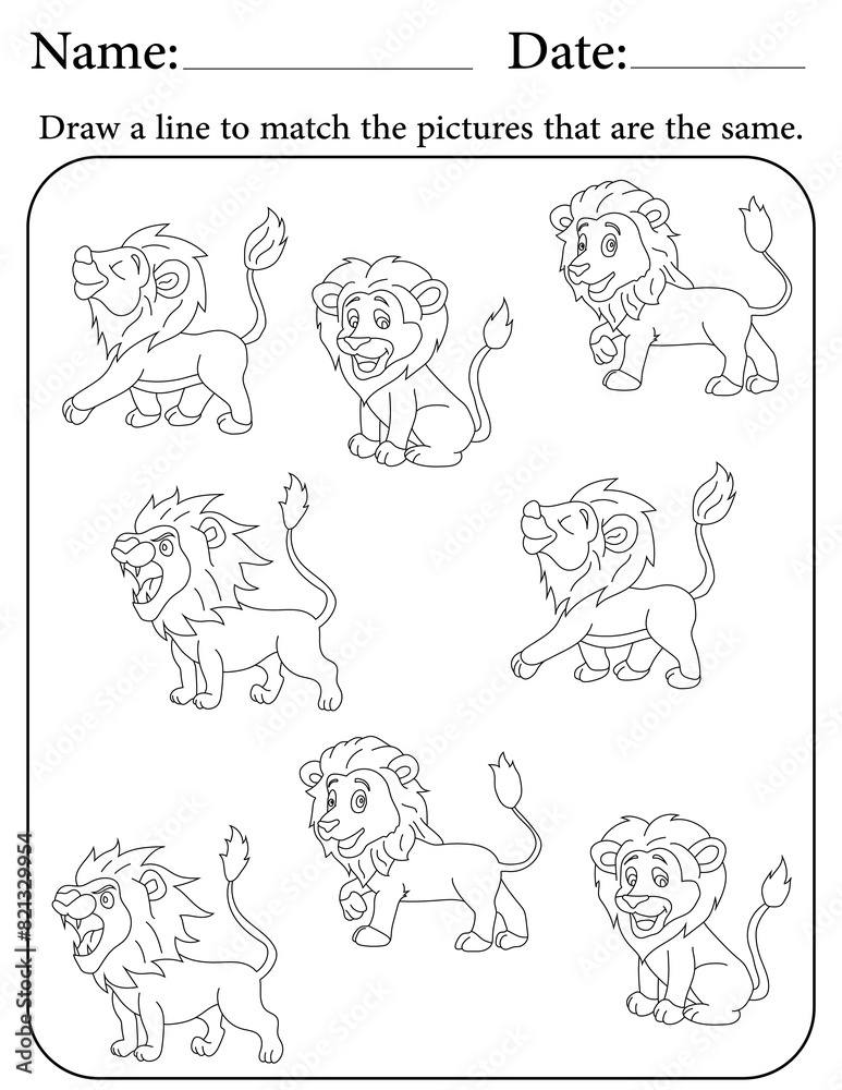 Lion Puzzle. Printable Activity Page for Kids. Educational Resources for School for Kids. Kids Activity Worksheet. Match Similar Shapes