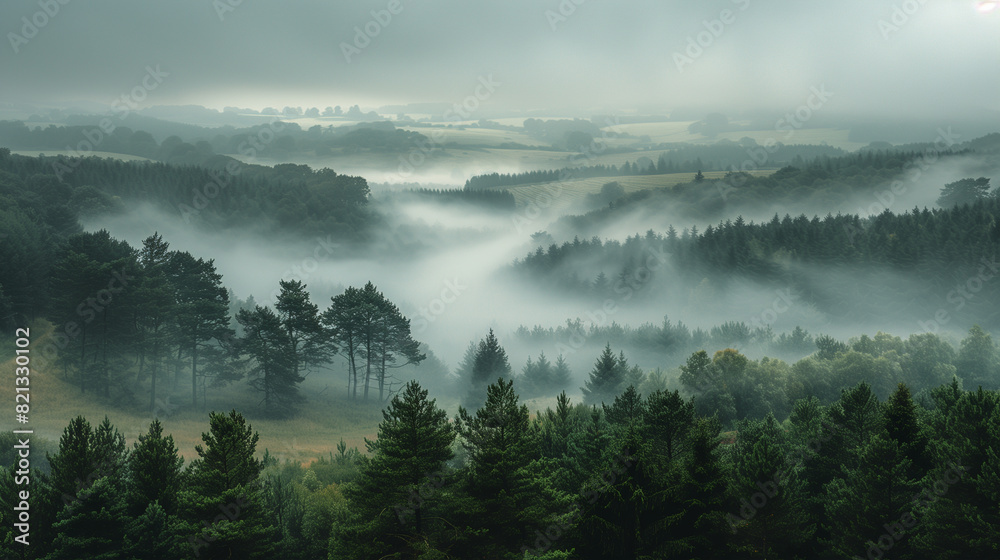A forest with trees covered in mist