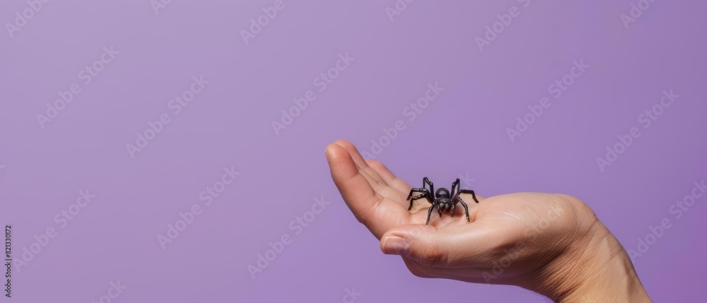 Obraz premium A human hand holding a small deer figurine against a solid beige backdrop with ample copy space