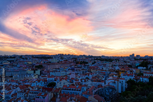 Beautiful sunset over Lisbon, Portugal. View from Graca viewpoint . photo