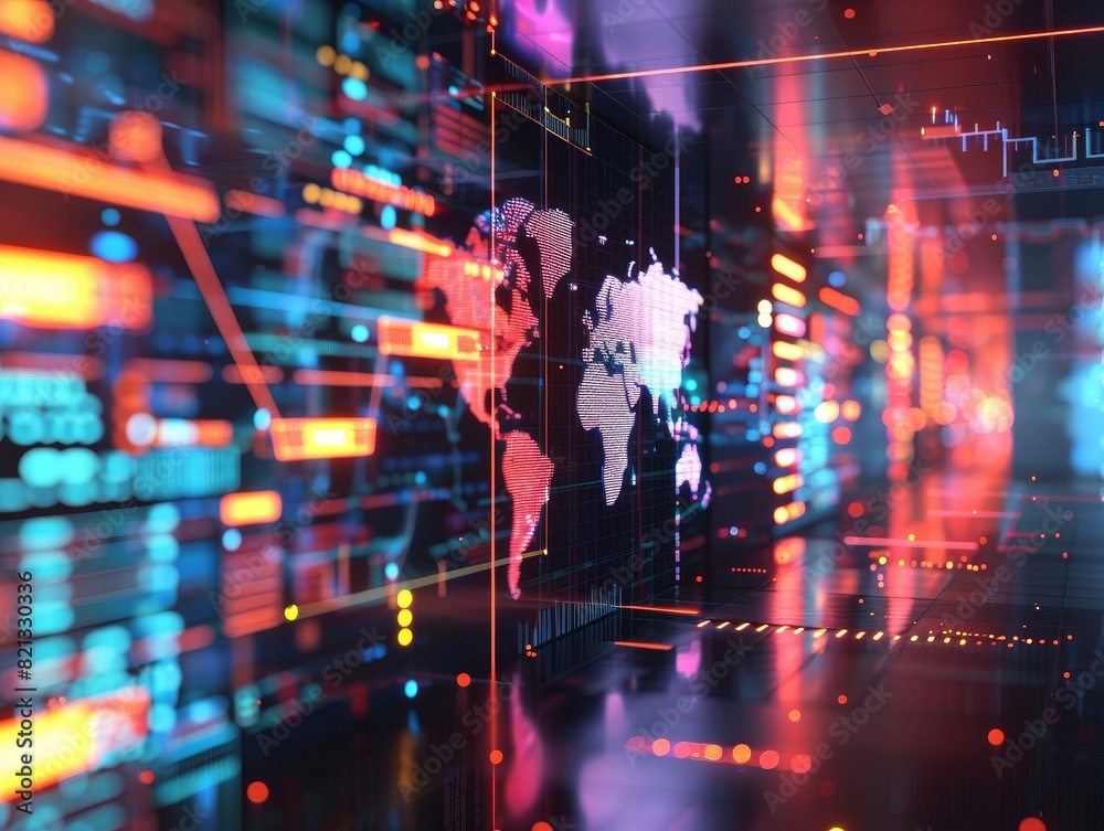 Abstract digital world map with futuristic interface and data, showcasing technology and global connectivity. Abstract digital world map with futuristic interface and data, showcasing technology and global connectivity.