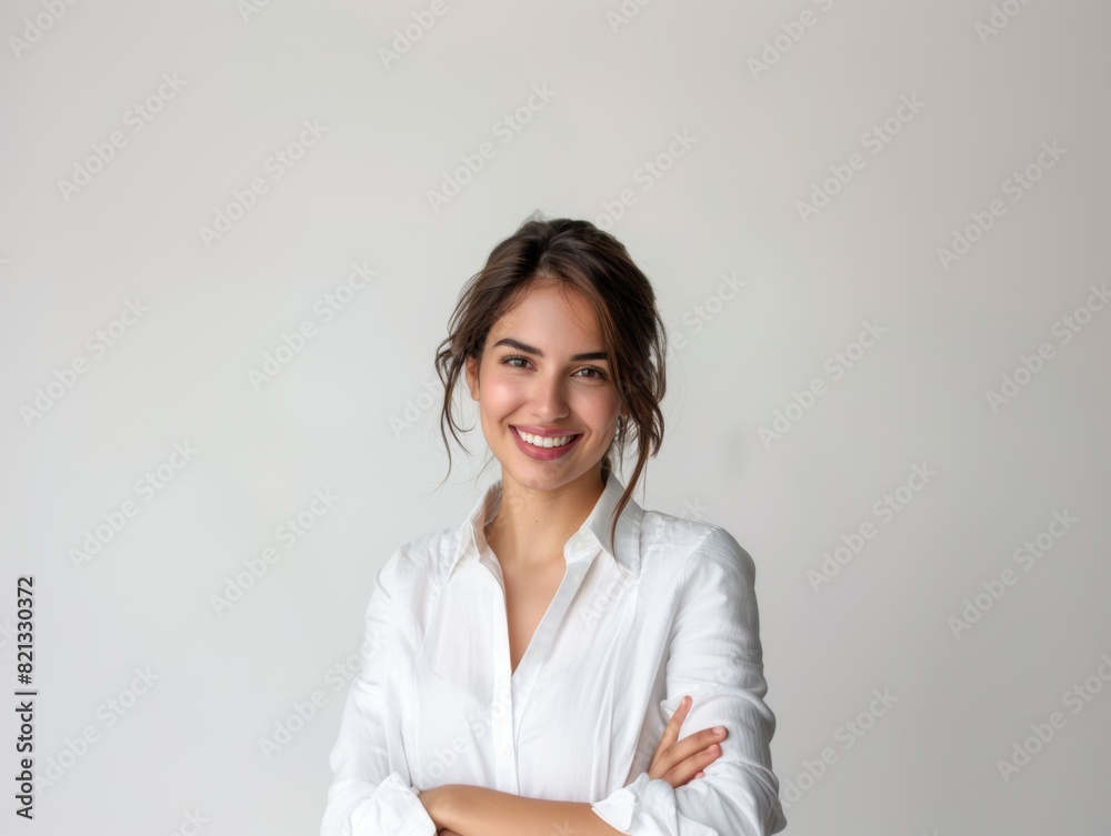 Stylish young brunette woman smiling on a white background. Beauty and fashion. Style. Stylish young brunette woman smiling on a white background. Beauty and fashion. Style.