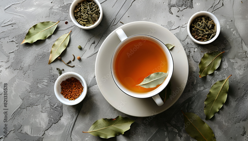 Cup of freshly brewed tea with bay leaves on grey table, top view Cup of freshly brewed tea with bay leaves on grey table, top view