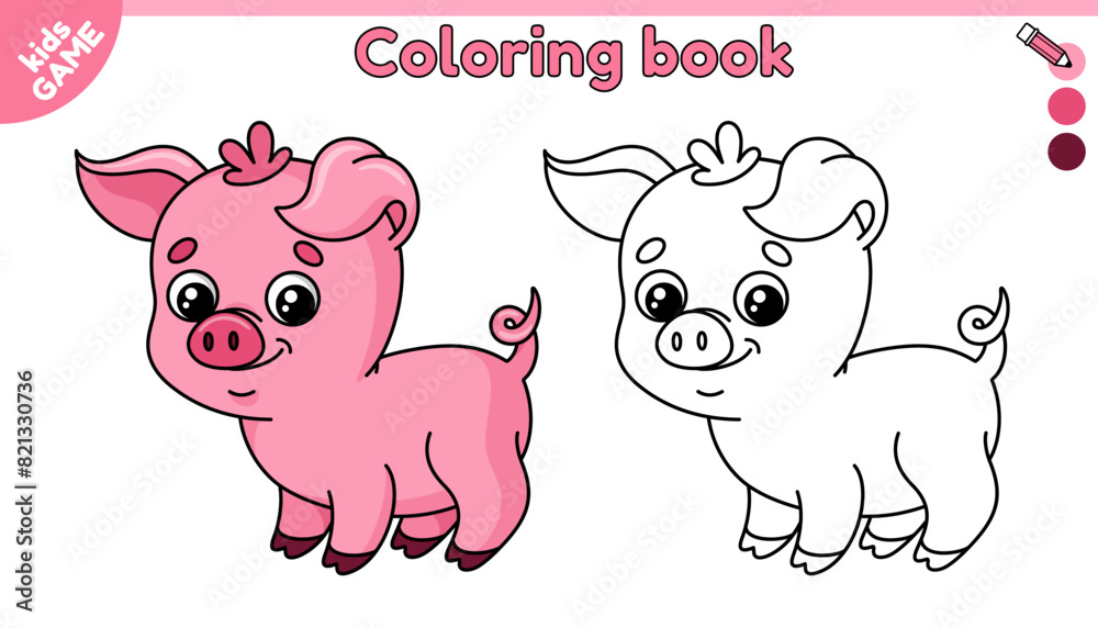 Page of kids coloring book with cartoon pink pig. Color the outline