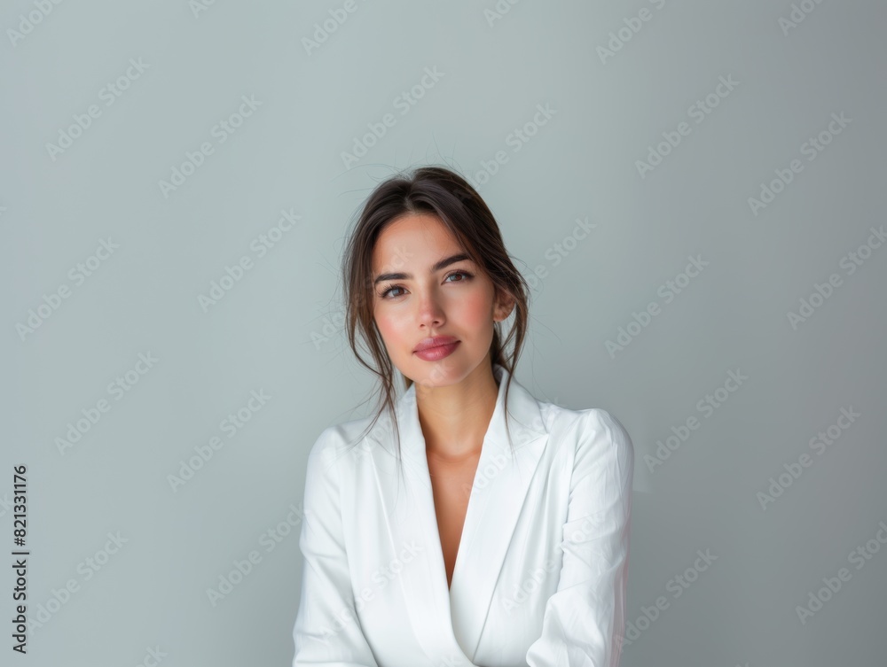 Stylish young brunette woman smiling on a white background. Beauty and fashion. Style. Stylish young brunette woman smiling on a white background. Beauty and fashion. Style.