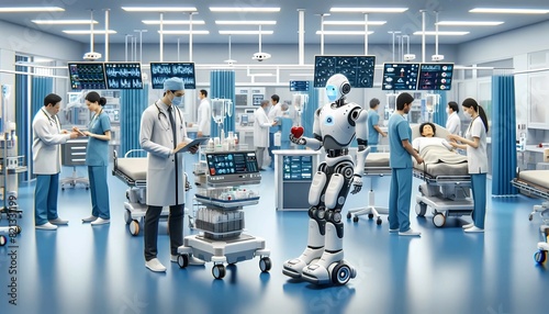 A group of medical professionals is gathered around a humanoid robot, possibly in a hospital or laboratory setting. They seem to be studying or discussing the robots capabilities for medical use.