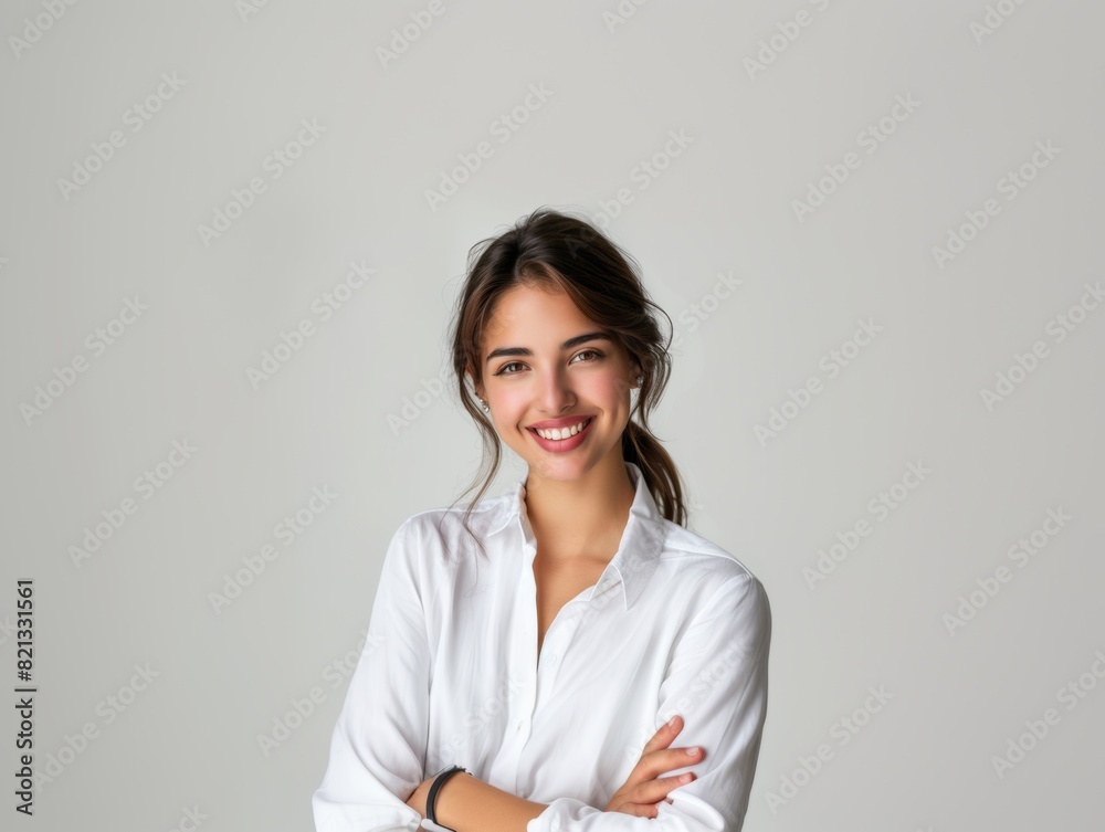 Stylish young brunette woman smiling on a white background. Beauty and fashion. Style. Stylish young brunette woman smiling on a white background. Beauty and fashion. Style.
