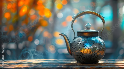 A single kettle with imaginative elements, a unique background, and advanced themes to evoke a sense of wonder with a blurry backdrop and copy space