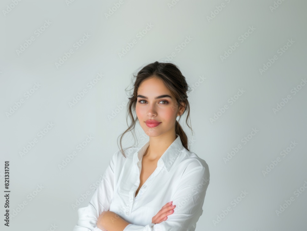 Stylish young brunette woman smiling on a white background. Beauty and fashion. Style. Stylish young brunette woman smiling on a white background. Beauty and fashion. Style.