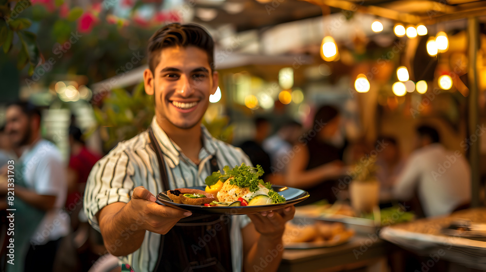A dish of food in the hands of a waiter
