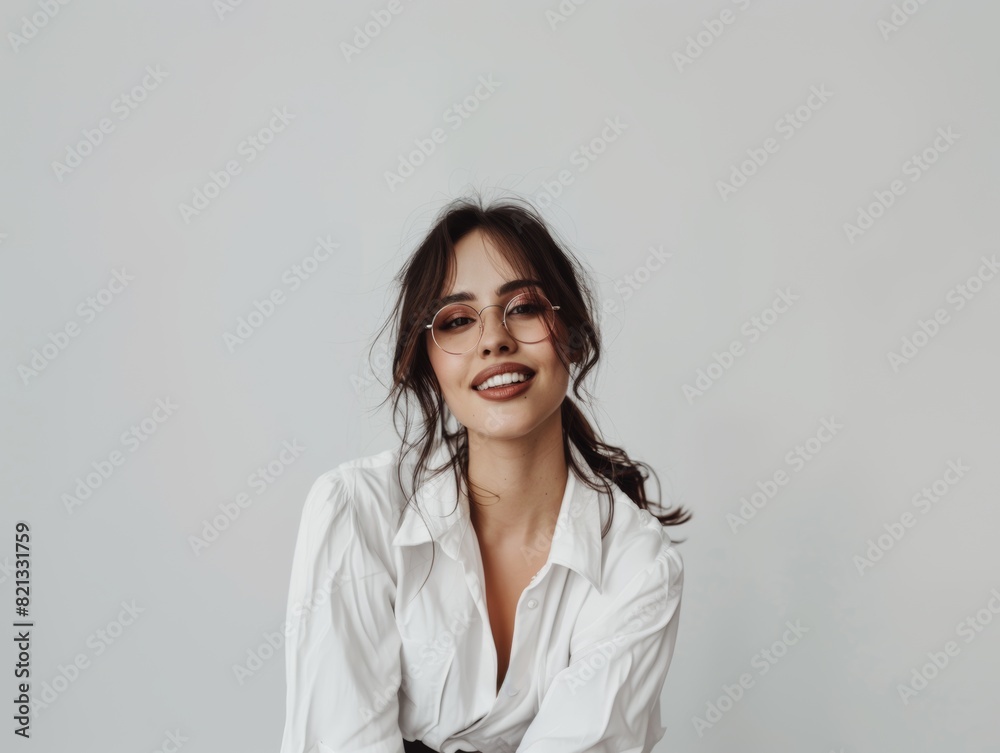 Stylish young brunette woman smiling on a white background. Beauty and fashion. Style. Stylish young brunette woman smiling on a white background. Beauty and fashion. Style.
