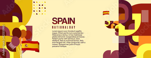 Spanish National Day wide banner in colorful modern geometric style. National and Independence Day greeting card with Spain flag. Background celebrating national holiday party