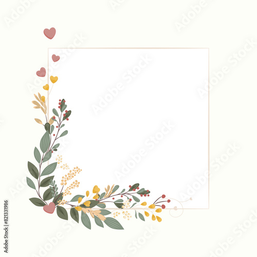 Ozdobne kwadratowe tło z botanicznym motywem. Roślinny wzór i serduszka, elegancka dekoracja na kartki z życzeniami do wykorzystania na Dzień Matki, wesele, rocznice, zaproszenia ślubne. © Monika