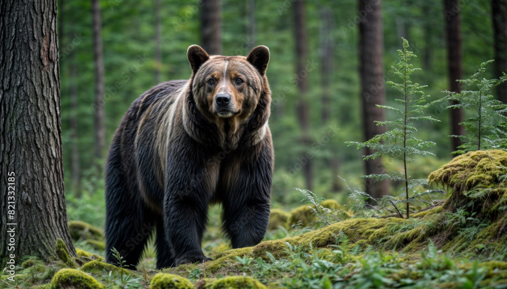 Close-up of a grizzly bear in the forest with blurred background Close-up of a grizzly bear in the forest with blurred background