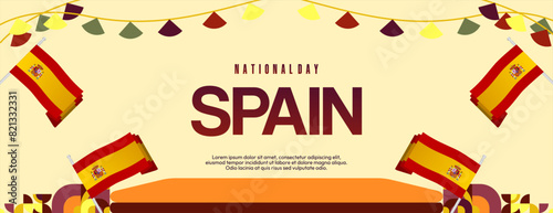 Spanish National Day wide banner in colorful modern geometric style. National and Independence Day greeting card with Spain flag. Background celebrating national holiday party