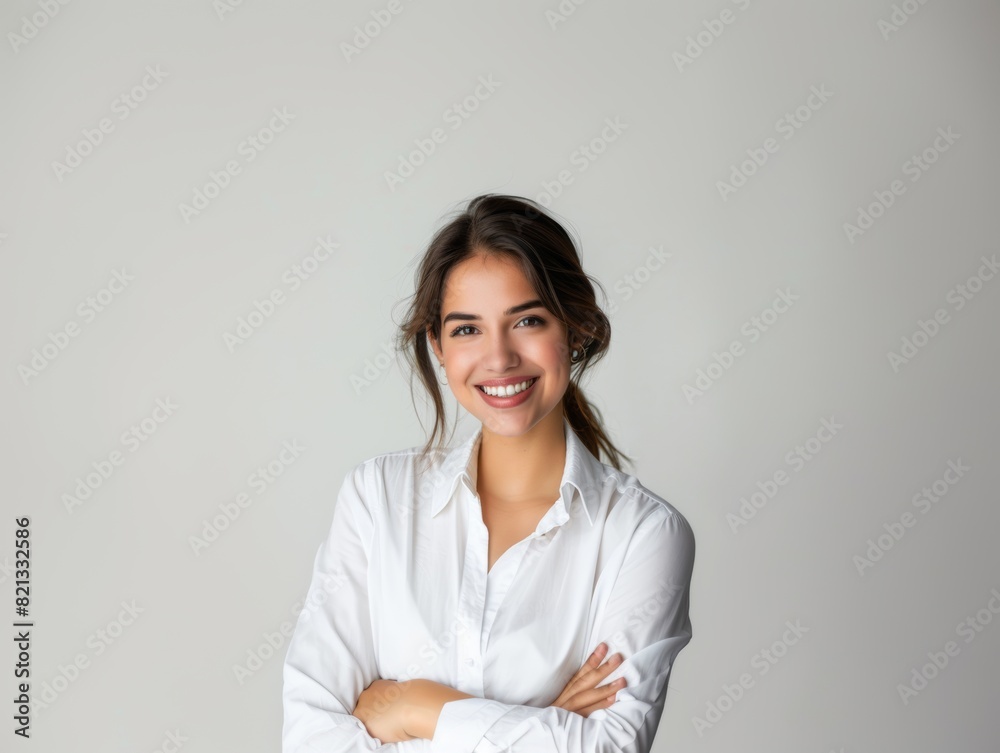 Stylish young brunette woman smiling on a white background. Beauty and fashion. Style. Stylish young brunette woman smiling on a white background. Beauty and fashion. Style.