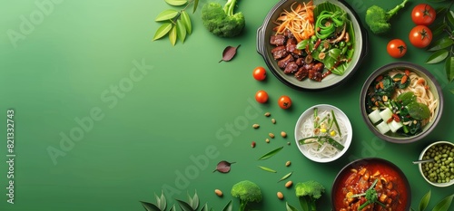 an array of vibrant Asian dishes arranged artfully against a green background. The dishes include a bowl of noodle soup with shrimp and broccoli  a plate of sliced red peppers garnished with sesame se