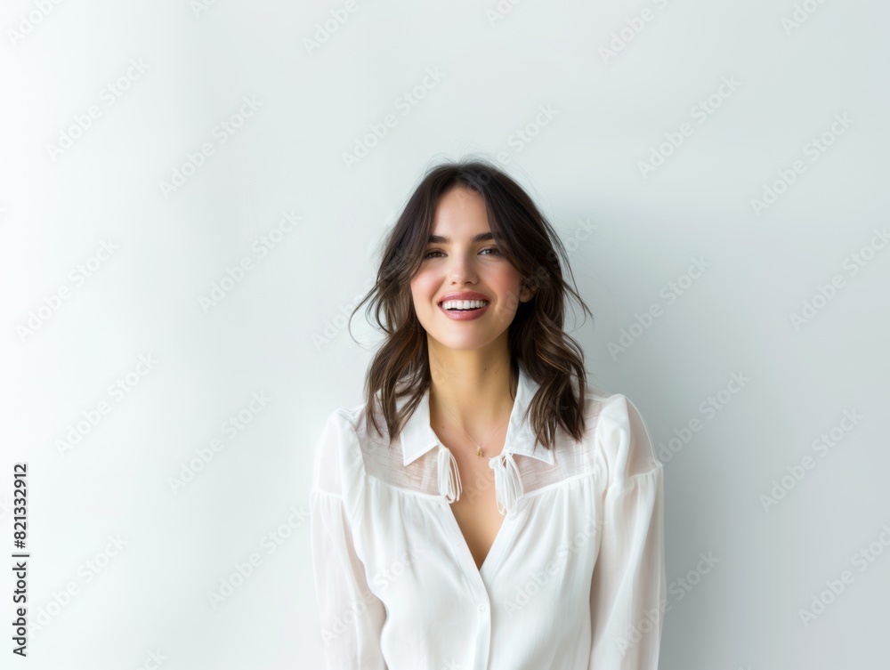 Stylish young brunette woman smiling on a white background. Beauty and fashion. Style. Stylish young brunette woman smiling on a white background. Beauty and fashion. Style.