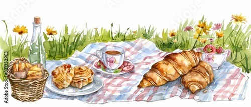 A water color of a decorative plate, filled with delicious pastries, on a picnic blanket in a sunny meadow, Clipart isolated on white
