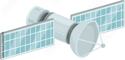 Detailed vector illustration of an isometric satellite with solar panels in outer space. Showcasing modern technology and communication design. Perfect for science. Aerospace. And engineering concepts