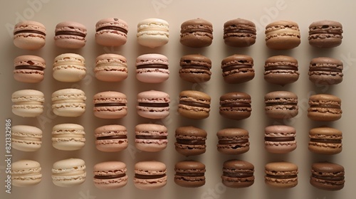 macarons in an orderly pattern on a clean, flat surface, showing a variety of colors generative ai