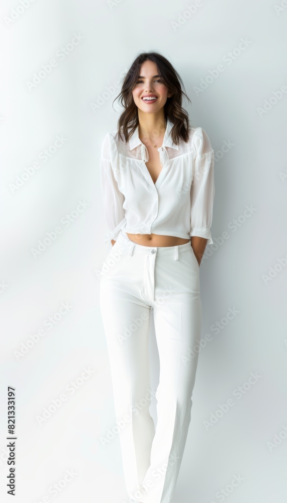 Stylish young brunette woman smiling on a white background. Beauty and fashion. Style. Stylish young brunette woman smiling on a white background. Beauty and fashion. Style.