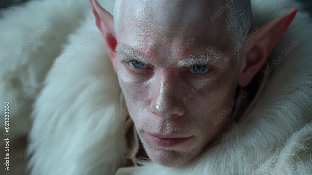 Stylish Elf-Like Man with White Facial Hair and Piercing Blue Eyes in Dramatic Lighting Stylish Elf-Like Man with White Facial Hair and Piercing Blue Eyes in Dramatic Lighting