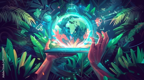 An illustration of a person holding a tablet with a glowing holographic globe The globe shows CO2 emissions and is surrounded by stylized green leaves and futuristic symbols The ba