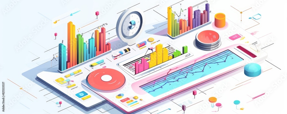 Colorful data analytics dashboard with charts and graphs showcasing business statistics on modern digital interface. Colorful data analytics dashboard with charts and graphs showcasing business statistics on modern digital interface.