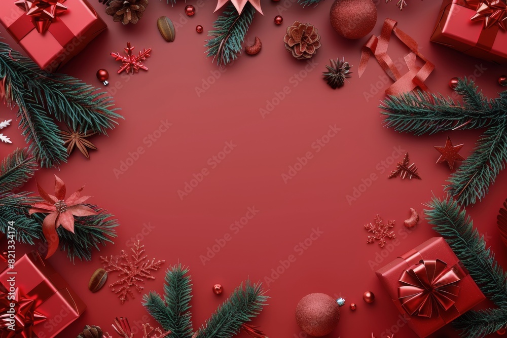 Red Background With Presents and Christmas Decorations