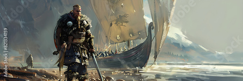 Male Viking Warrior Disembarking from a Long Ship photo