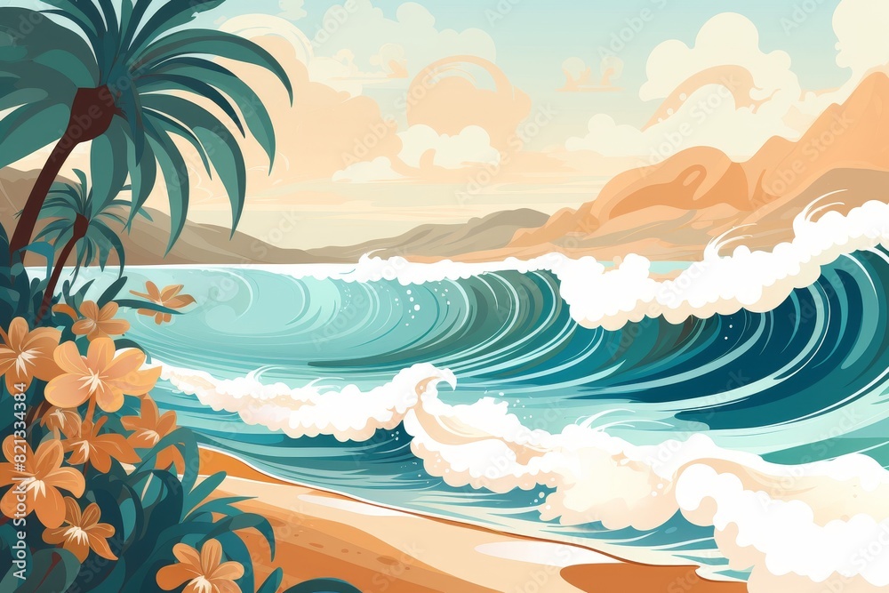 Colorful tropical beach landscape illustration featuring waves crashing on the shore with lush palm trees and vibrant flowers in the foreground.