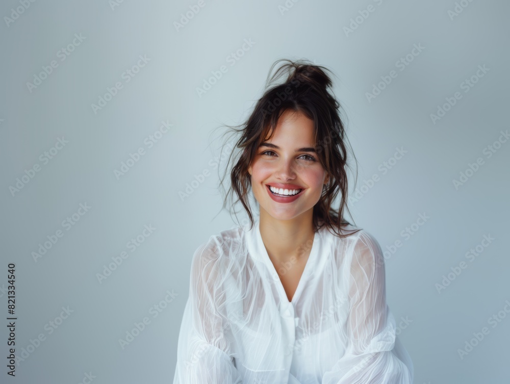 Stylish young brunette woman smiling on a white background. Beauty and fashion. Style. Stylish young brunette woman smiling on a white background. Beauty and fashion. Style.