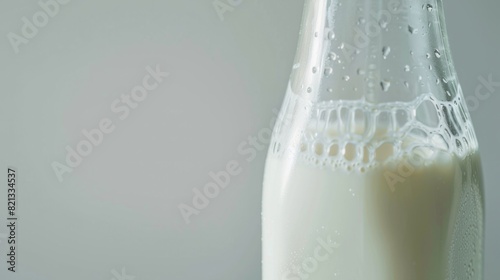 zoom capturing the details of the glass bottle of fresh milk  showing its transparency and the purity of the liquid inside generative ai
